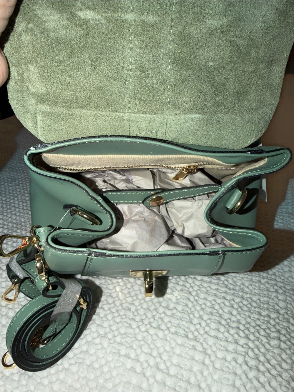 Viola Castellani Sage Green Leather Satchel with Suede Flap - Picture 3 of 6